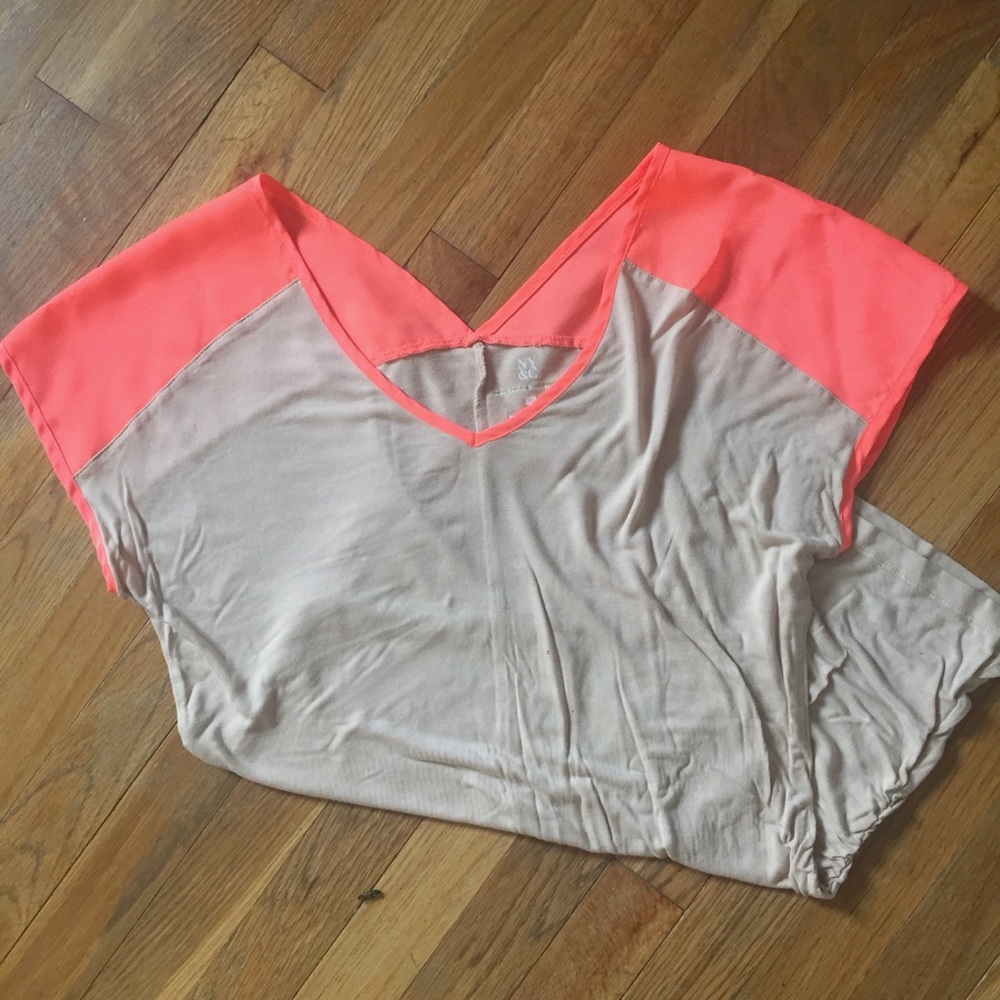 nude and neon orange cap sleeve v-neck